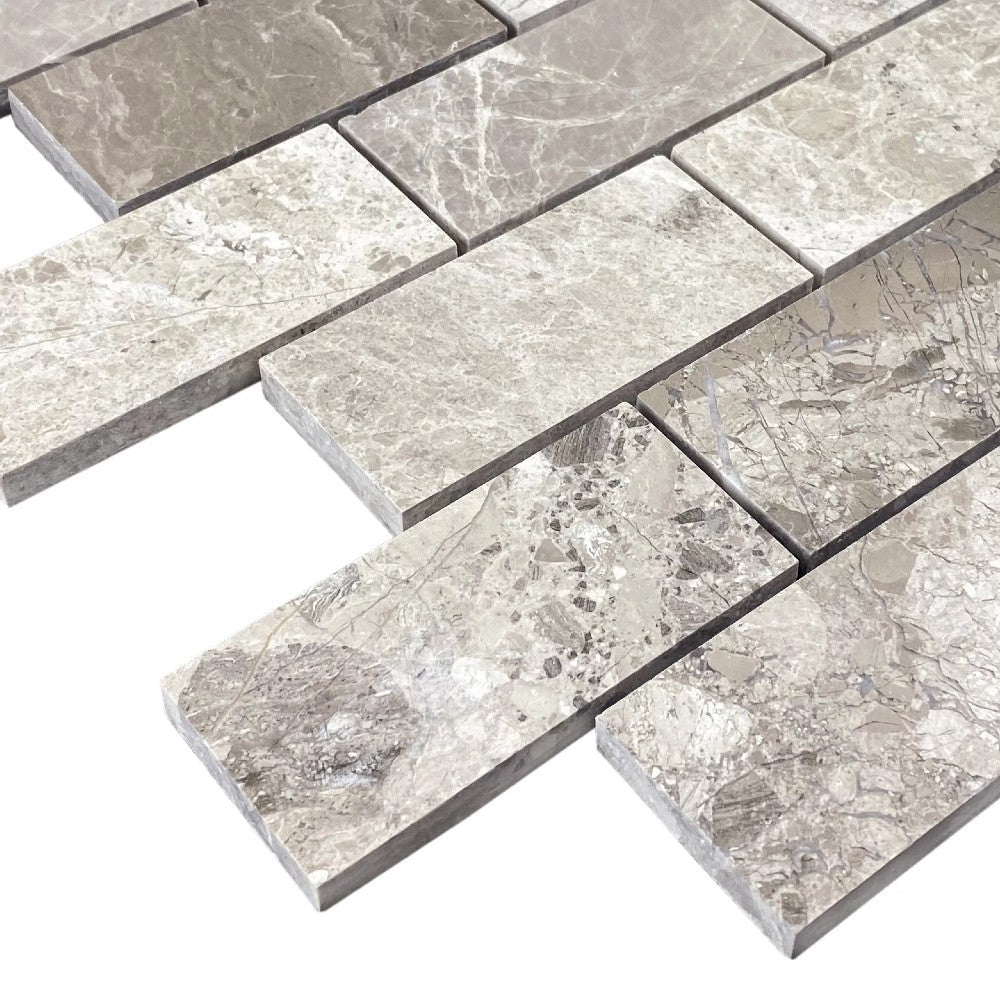 Silver Shadow Marble 2"x4" Brick Honed on 12" x 12" Mesh Mosaic Tile