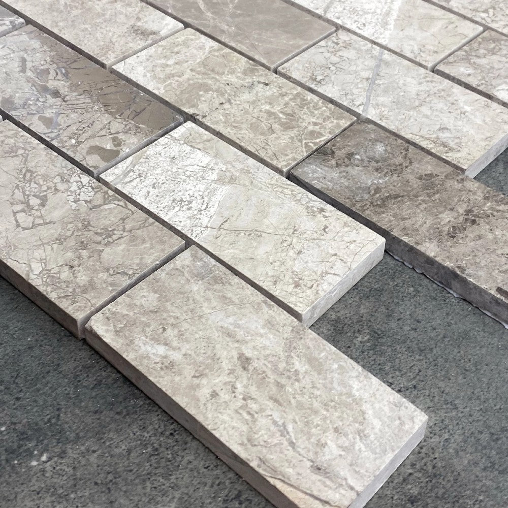 Silver Shadow Marble 2"x4" Brick Honed on 12" x 12" Mesh Mosaic Tile