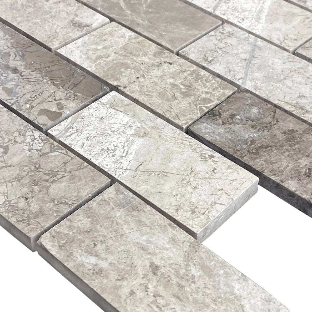 Silver Shadow Marble 2"x4" Brick Honed on 12" x 12" Mesh Mosaic Tile