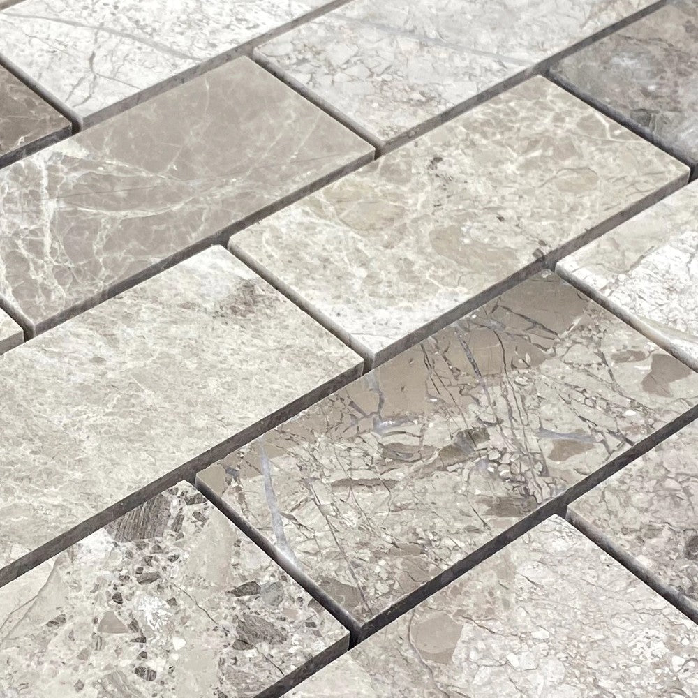 Silver Shadow Marble 2"x4" Brick Honed on 12" x 12" Mesh Mosaic Tile
