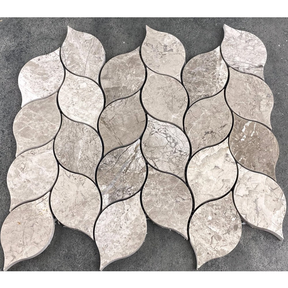Silver Shadow Marble Leaf Design on 12" x 12" Mesh Mosaic Tile