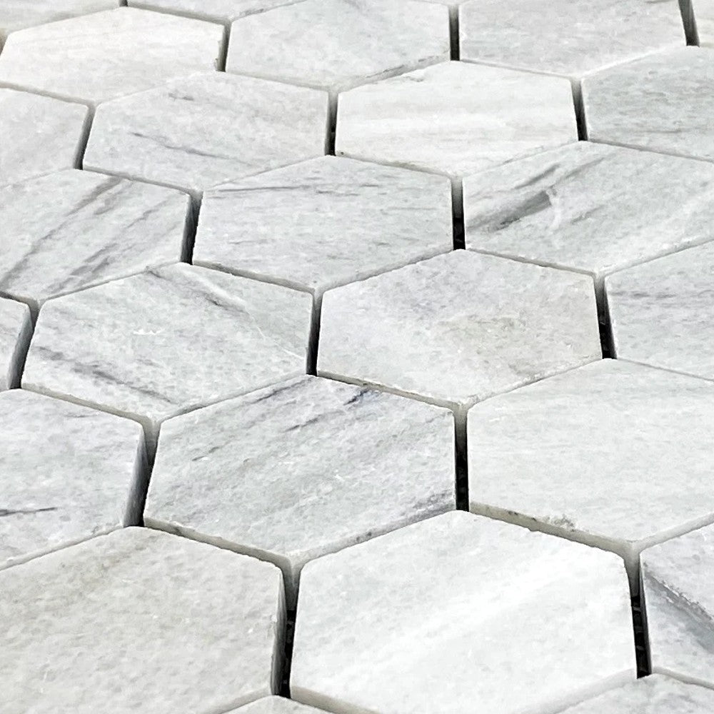 Solto White Marble 2" Hexagon on 12" x 12" Mesh Mosaic Tile