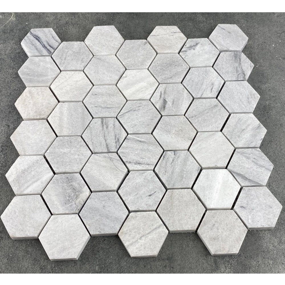 Solto White Marble 2" Hexagon on 12" x 12" Mesh Mosaic Tile