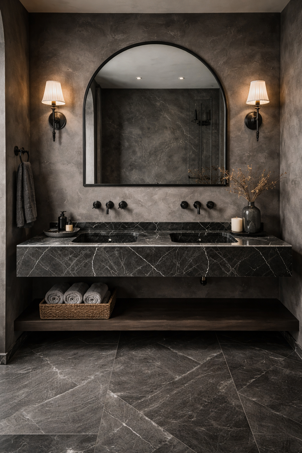 Toros Black Marble Double Sink Wall-mount Bathroom Sink Polished (W)18" (L)60" (H)6"