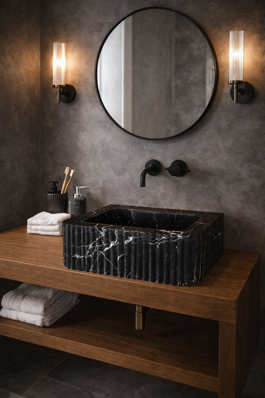 Toros Black Marble Rectangular Wall-mount Polished Sink (W)12" (L)19" (H)7"