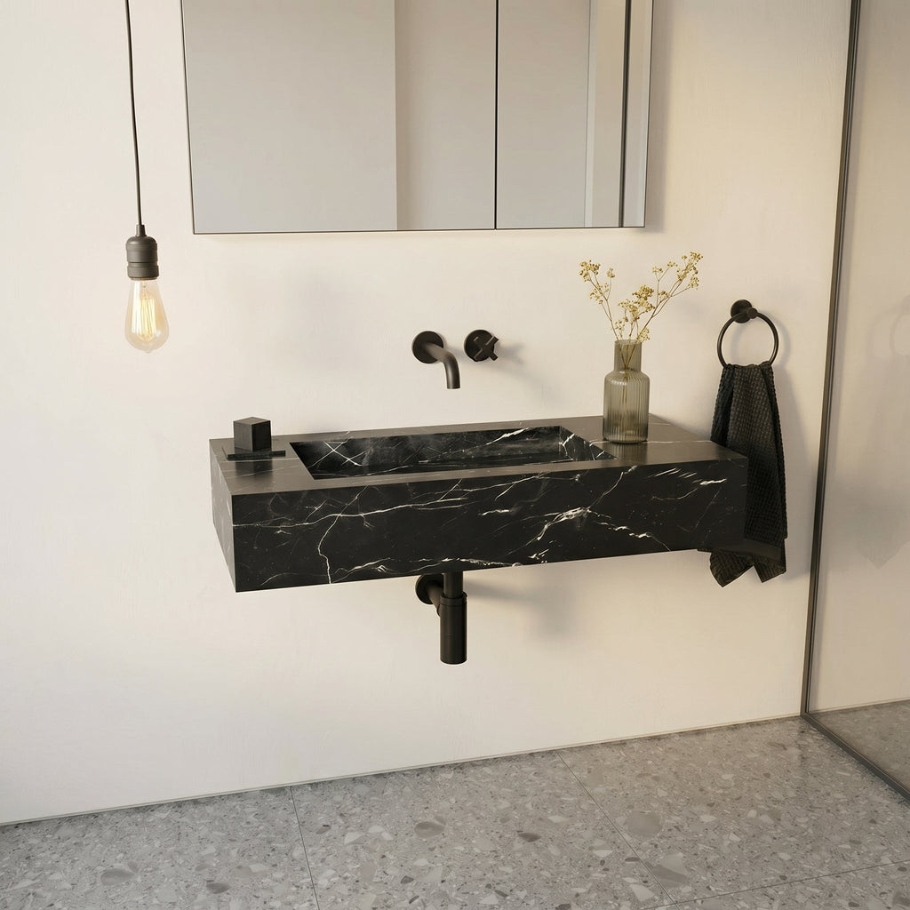 Alexandrette Black Marble Modern Rectangular Sink Wall-mount Bathroom Sink (W)18" (L)30" (H)7"