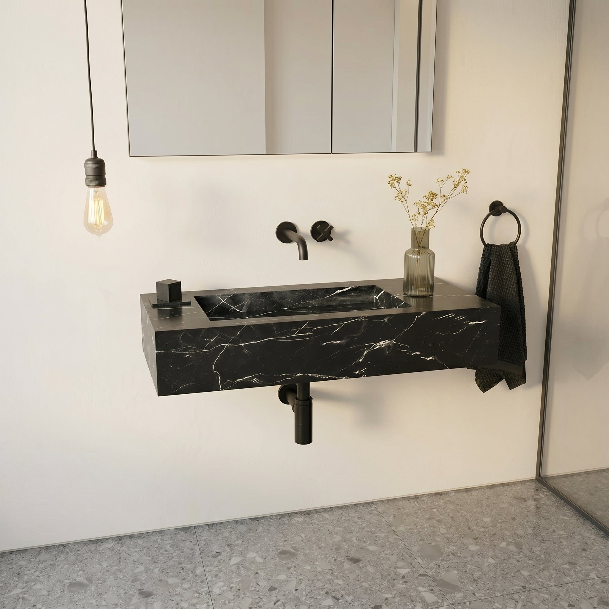Alexandrette Black Marble Modern Rectangular Sink Wall-mount Bathroom Sink (W)18" (L)30" (H)7"