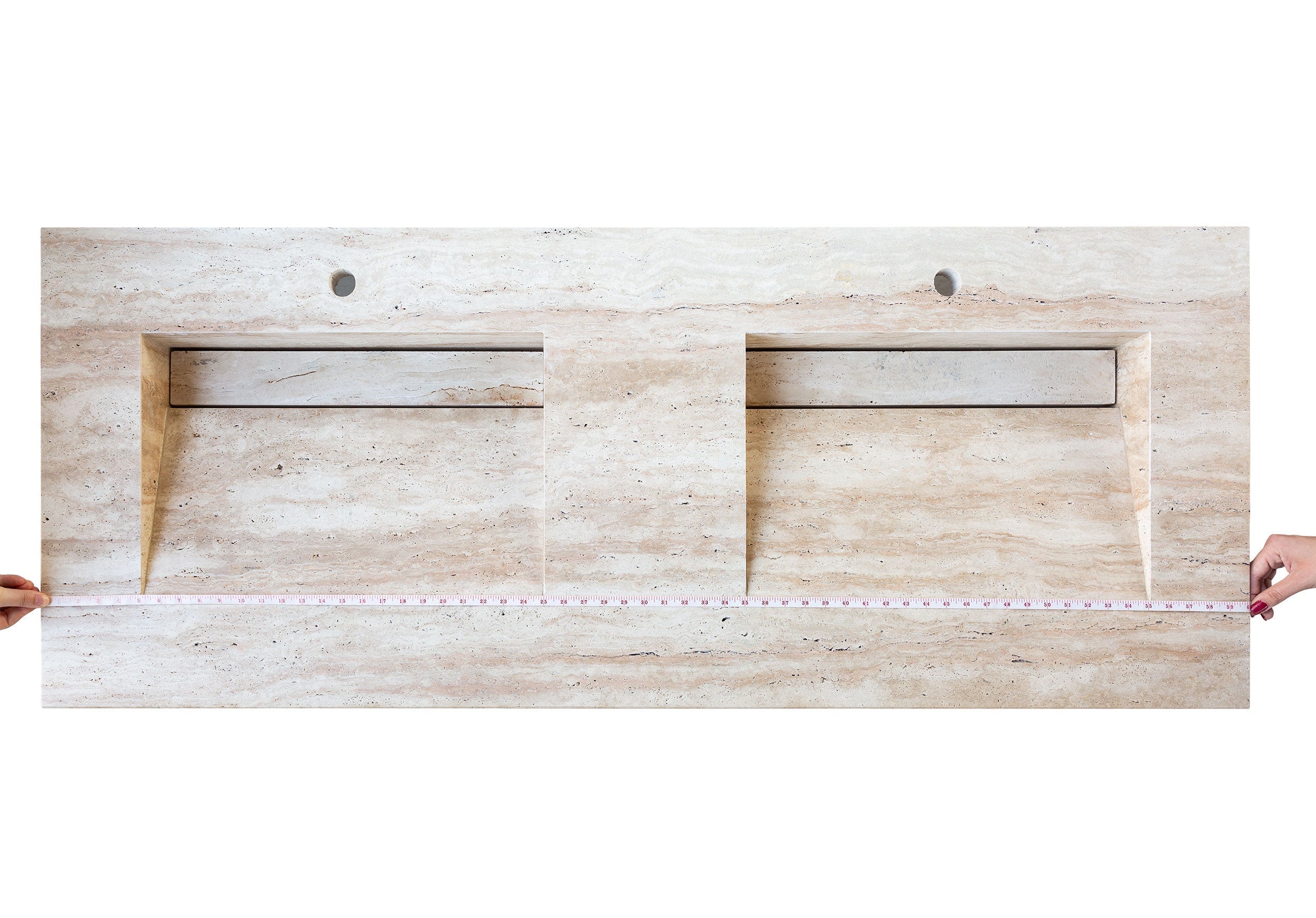 Beige Vein-Cut Travertine Double Bathroom Vanity Top Sink - (W)23" (L)60" (H)5.5"
