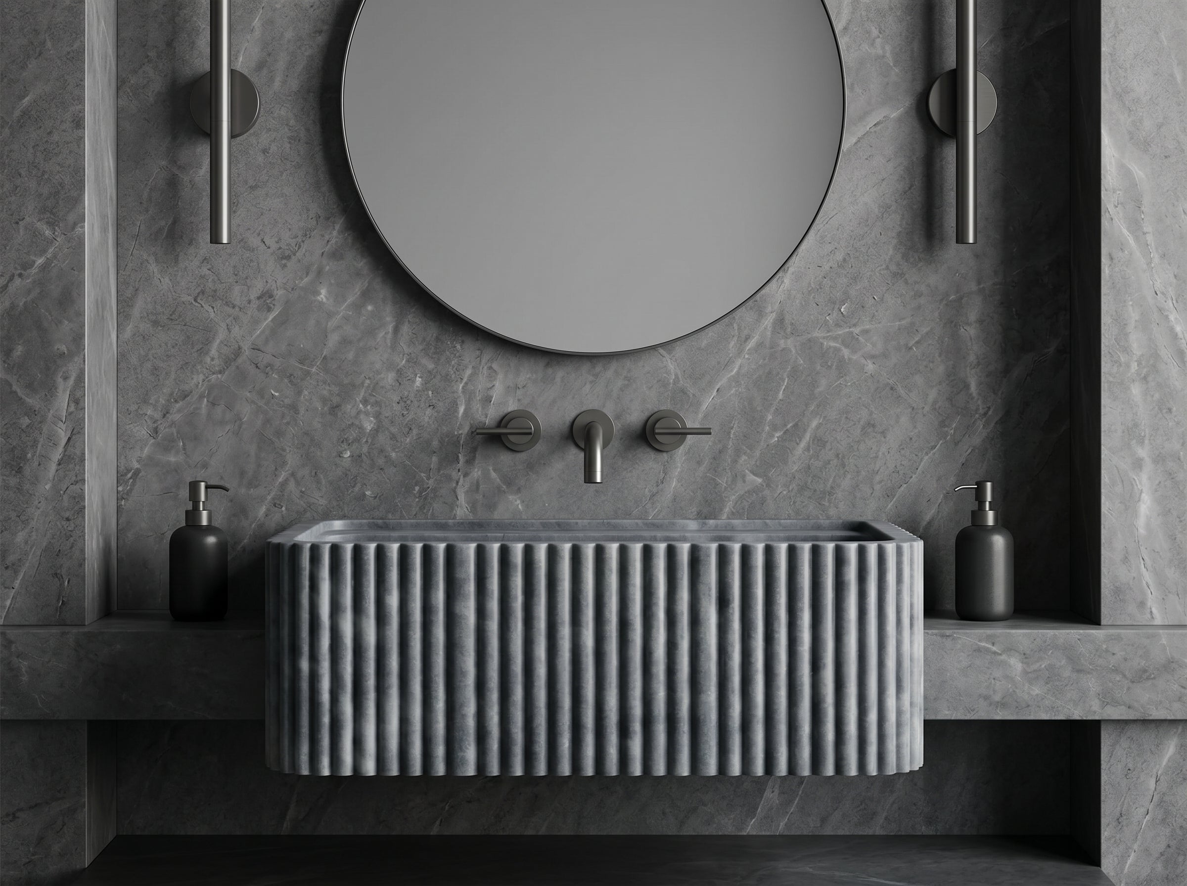 Bluestone Marble Rectangular Wall-mount Bathroom Sink Fluted (W)16" (L)24" (H)12"