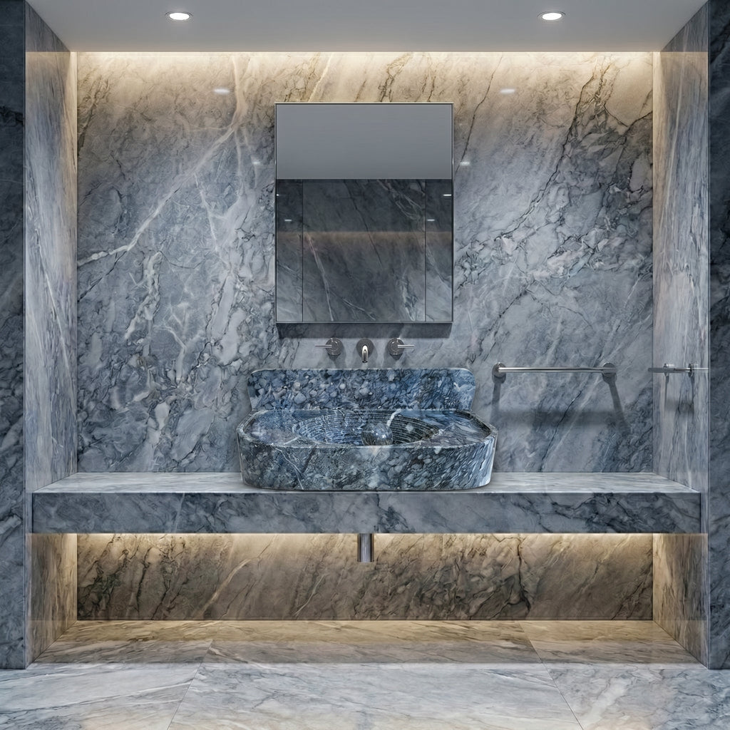 Bursa Gray Marble Wall-Mount Bathroom Sink with 6" Backsplash (W)16" (L)27" (H)6"