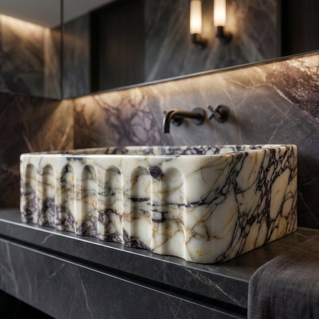 Calacatta Viola Marble Wall-mount Bathroom Vanity Sink Fluted Front (W)19.5" (L)31.5" (H)10"