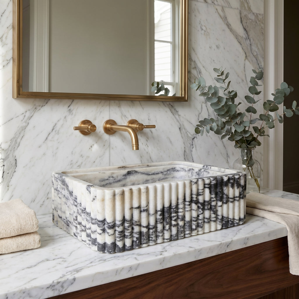 Calacatta Viola Marble Wall-Mount Rectangular Fluted Bathroom Sink (W)16" (L)24" (H)8"
