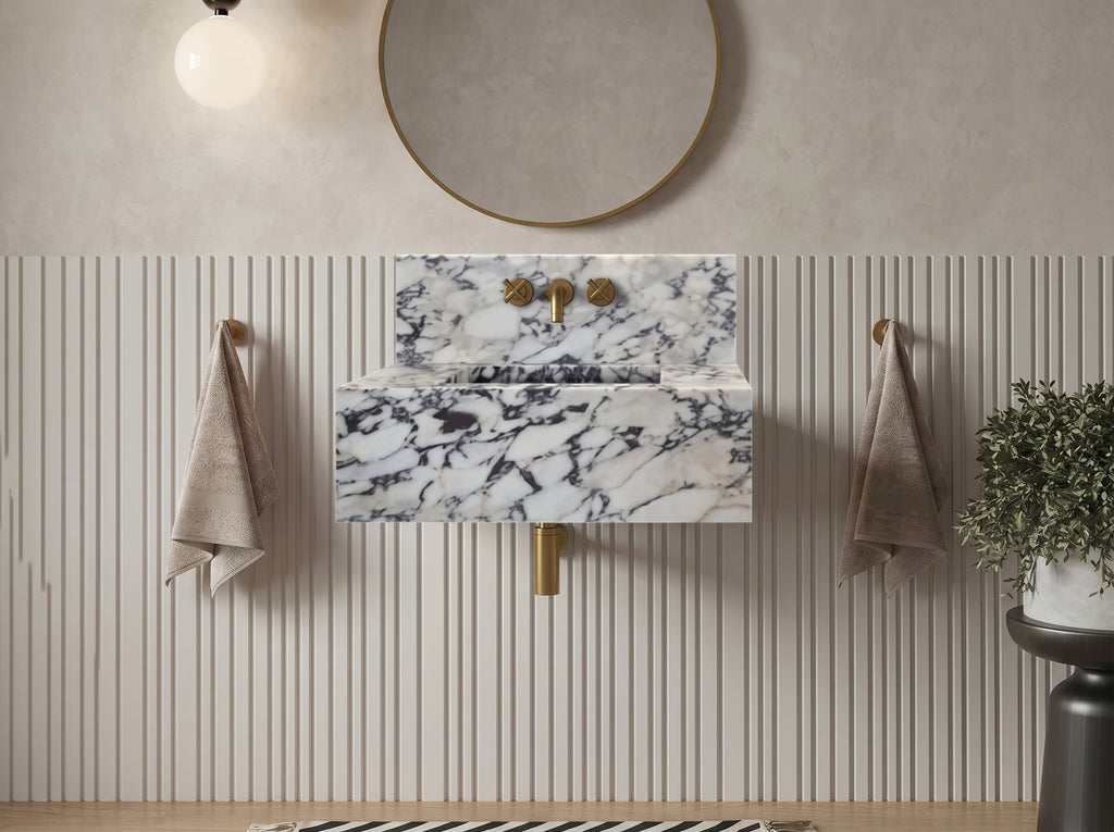 Calacatta Viola Marble Rectangular Wall-mount Bathroom Sink with 10" Backsplash (W)16" (L)32" (H)10"