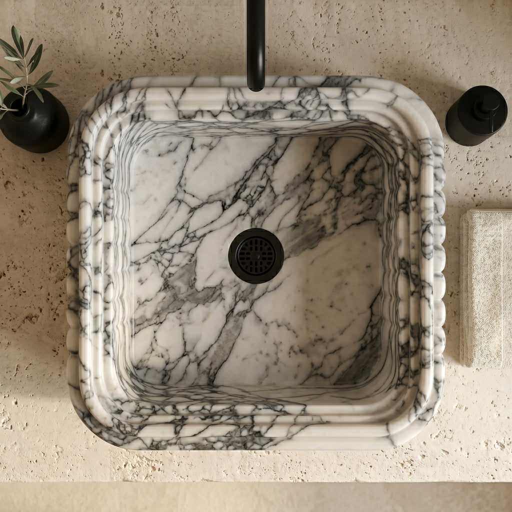 Calacatta Viola Marble Natural Stone Ribbed Square Vessel Sink (W)16.5" (L)16.5" (H)6"