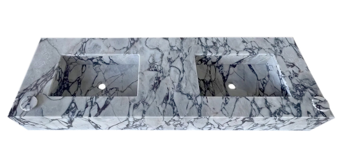Calacatta Viola Marble Handcrafted Wall-Mount Bathroom Double Basin Vanity Sink (W)22" (L)67" (H)8"