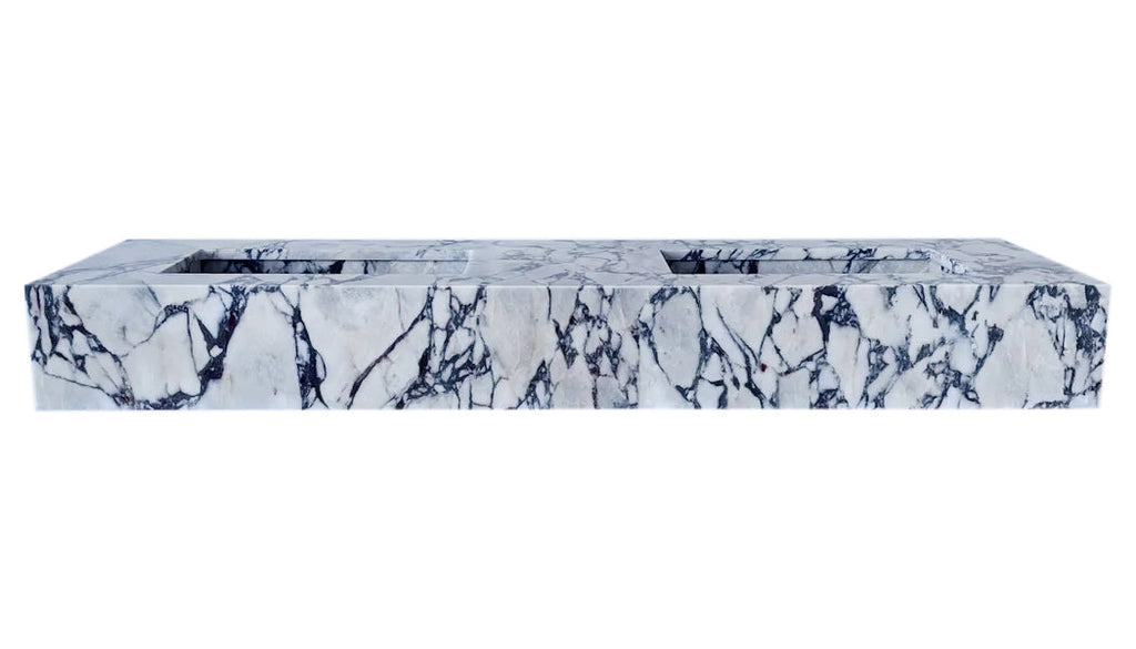 Calacatta Viola Marble Handcrafted Wall-Mount Bathroom Double Basin Vanity Sink (W)22" (L)67" (H)8"