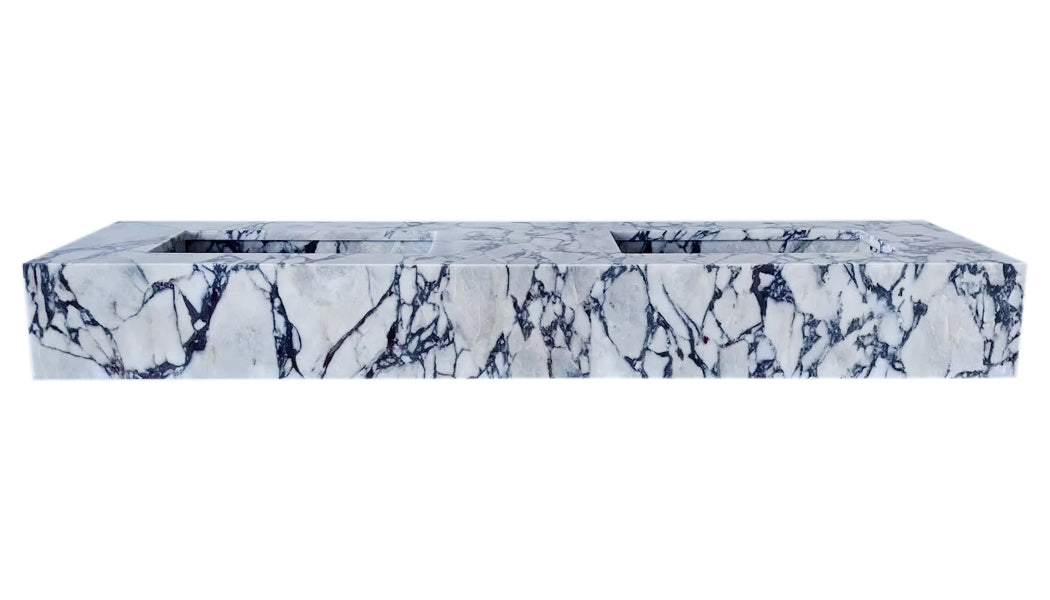 Calacatta Viola Marble Handcrafted Wall-Mount Bathroom Double Basin Vanity Sink (W)22" (L)67" (H)8"