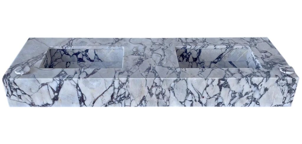 Calacatta Viola Marble Handcrafted Wall-Mount Bathroom Double Basin Vanity Sink (W)22" (L)67" (H)8"