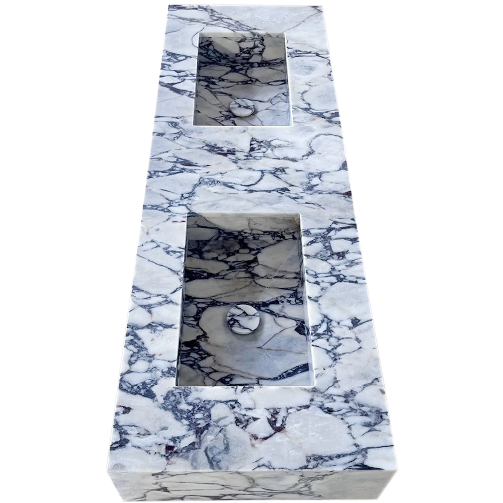 Calacatta Viola Marble Handcrafted Wall-Mount Bathroom Double Basin Vanity Sink (W)22" (L)67" (H)8"