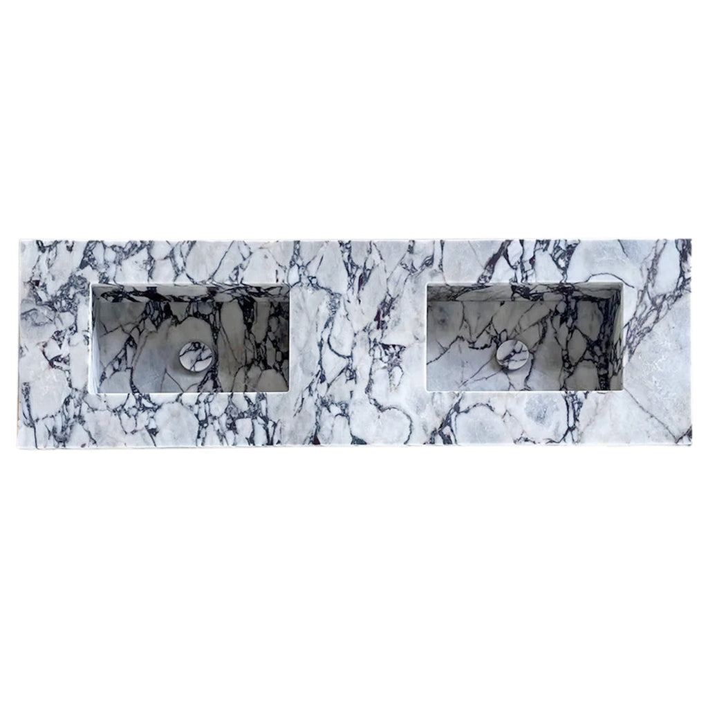 Calacatta Viola Marble Handcrafted Wall-Mount Bathroom Double Basin Vanity Sink (W)22" (L)67" (H)8"