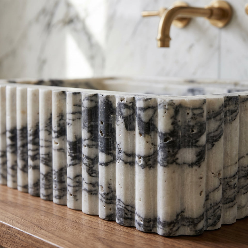 Calacatta Viola Marble Wall-Mount Rectangular Fluted Bathroom Sink (W)16" (L)24" (H)8"