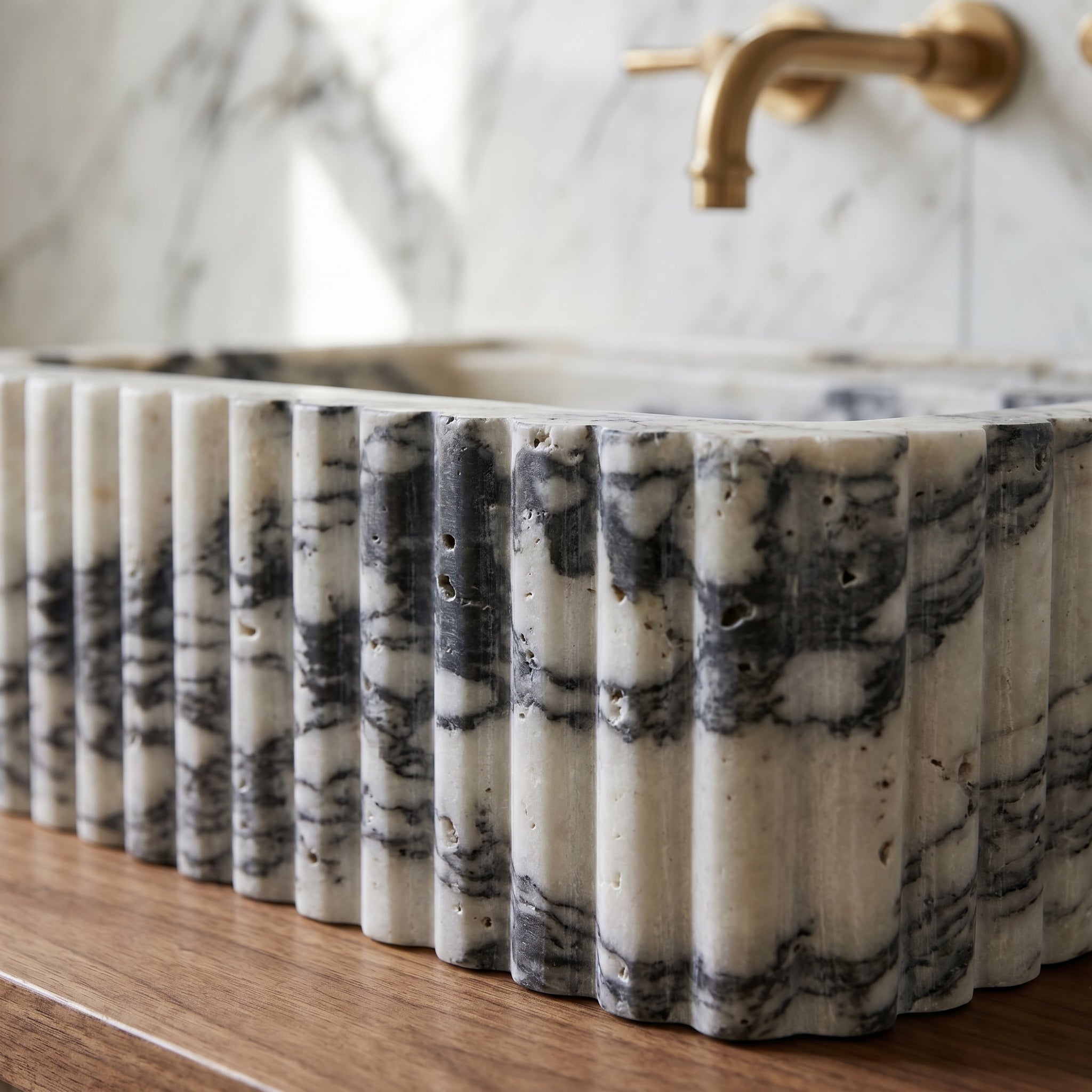 Calacatta Viola Marble Wall-Mount Rectangular Fluted Bathroom Sink (W)16" (L)24" (H)8"
