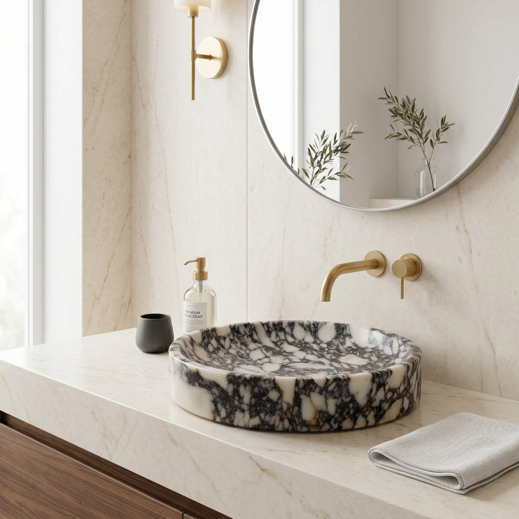 Calacatta Viola Marble Natural Stone Round Above Vanity Bathroom Sink Polished (D)15.5" (H)4.5"