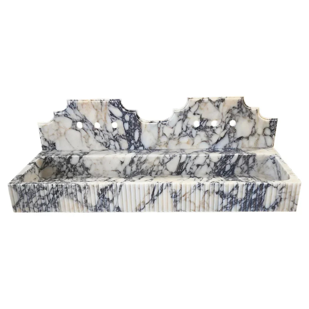 Calacatta Viola Marble Wall-mount Bathroom Sink with Fluted with Backsplash (W)20" (L)55" (H)6"