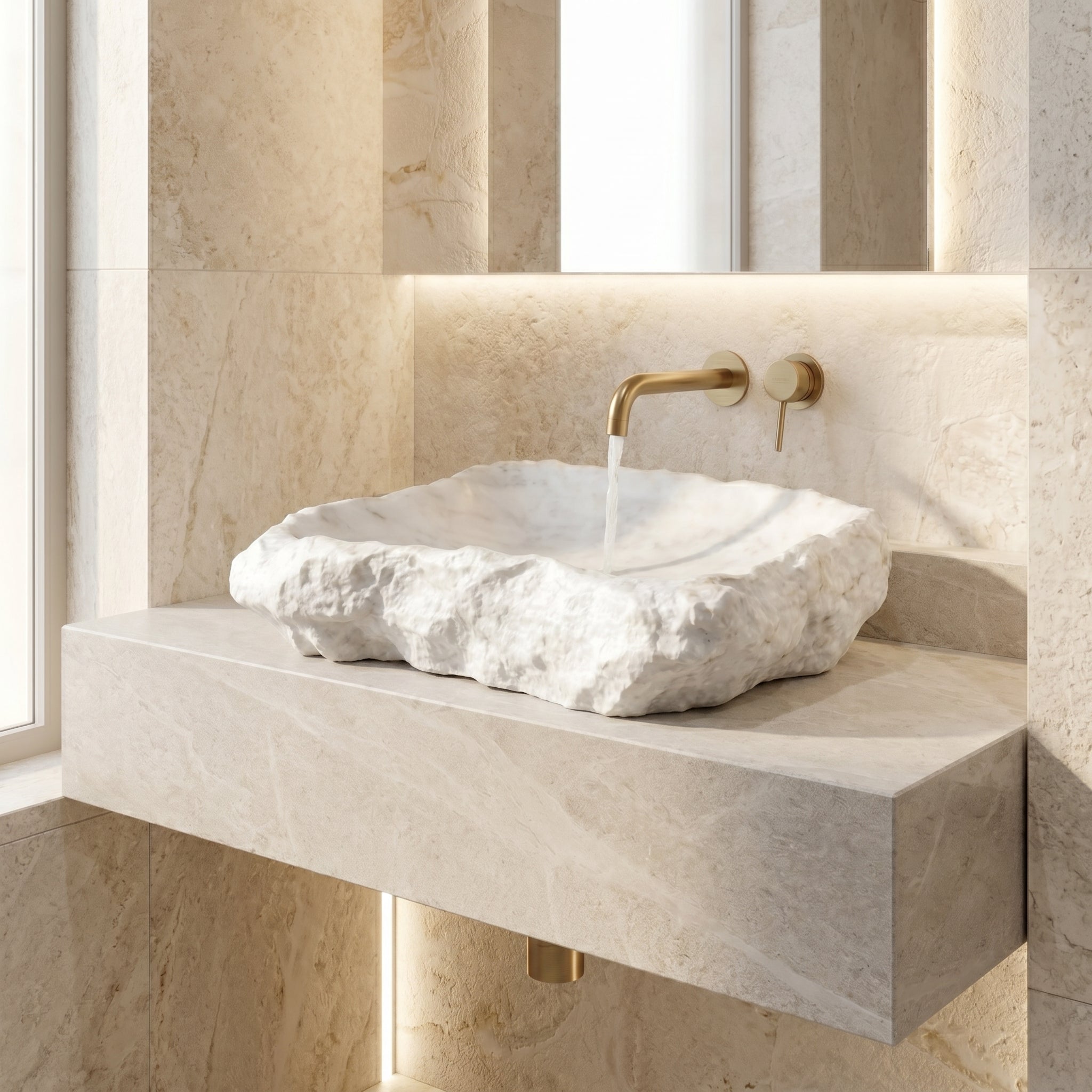 Carrara Marble Rustic Natural Stone Vessel Sink Polished Interior Hand Chiseled Exterior (W)16" (L)22" (H)5"