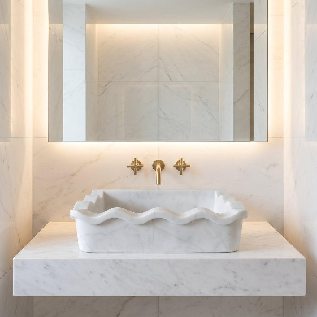 Carrara White Marble Rectangular Wall-mount Wavy Edges Bathroom Sink (W)16" (L)24" (H)6"