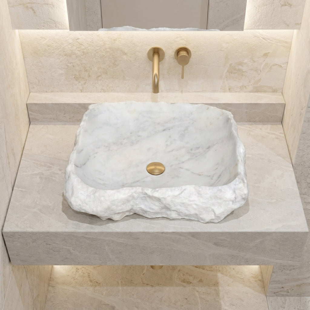 Carrara Marble Rustic Natural Stone Vessel Sink Polished Interior Hand Chiseled Exterior (W)16" (L)22" (H)5"