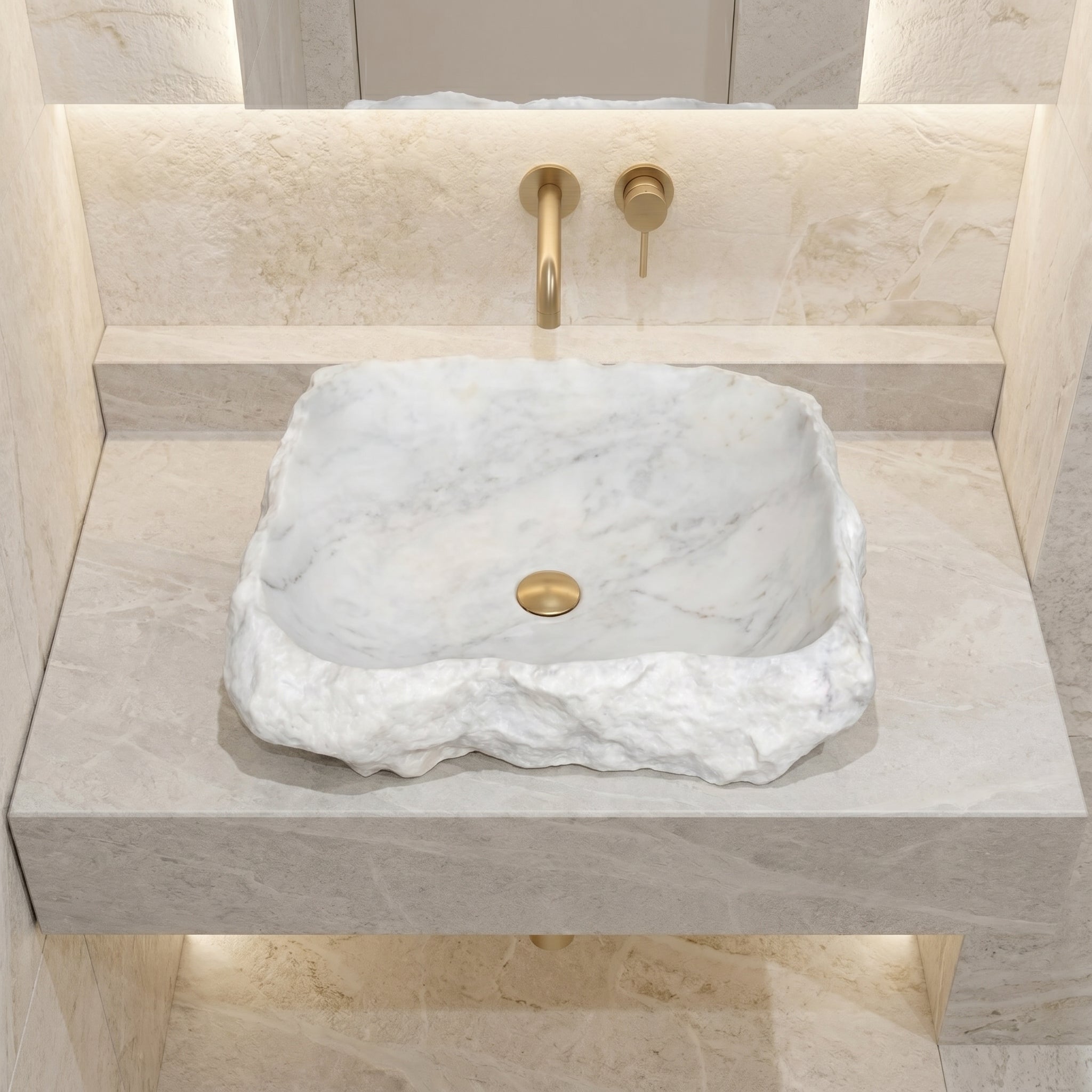 Carrara Marble Rustic Natural Stone Vessel Sink Polished Interior Hand Chiseled Exterior (W)16" (L)22" (H)5"