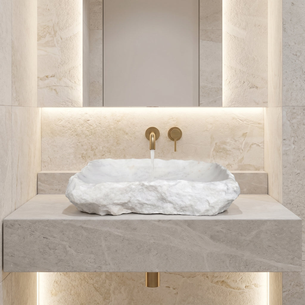 Carrara Marble Rustic Natural Stone Vessel Sink Polished Interior Hand Chiseled Exterior (W)16" (L)22" (H)5"