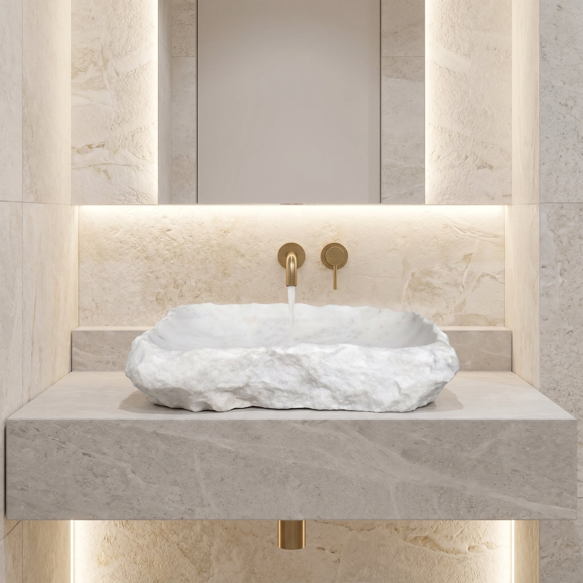 Carrara Marble Rustic Natural Stone Vessel Sink Polished Interior Hand Chiseled Exterior (W)16" (L)22" (H)5"