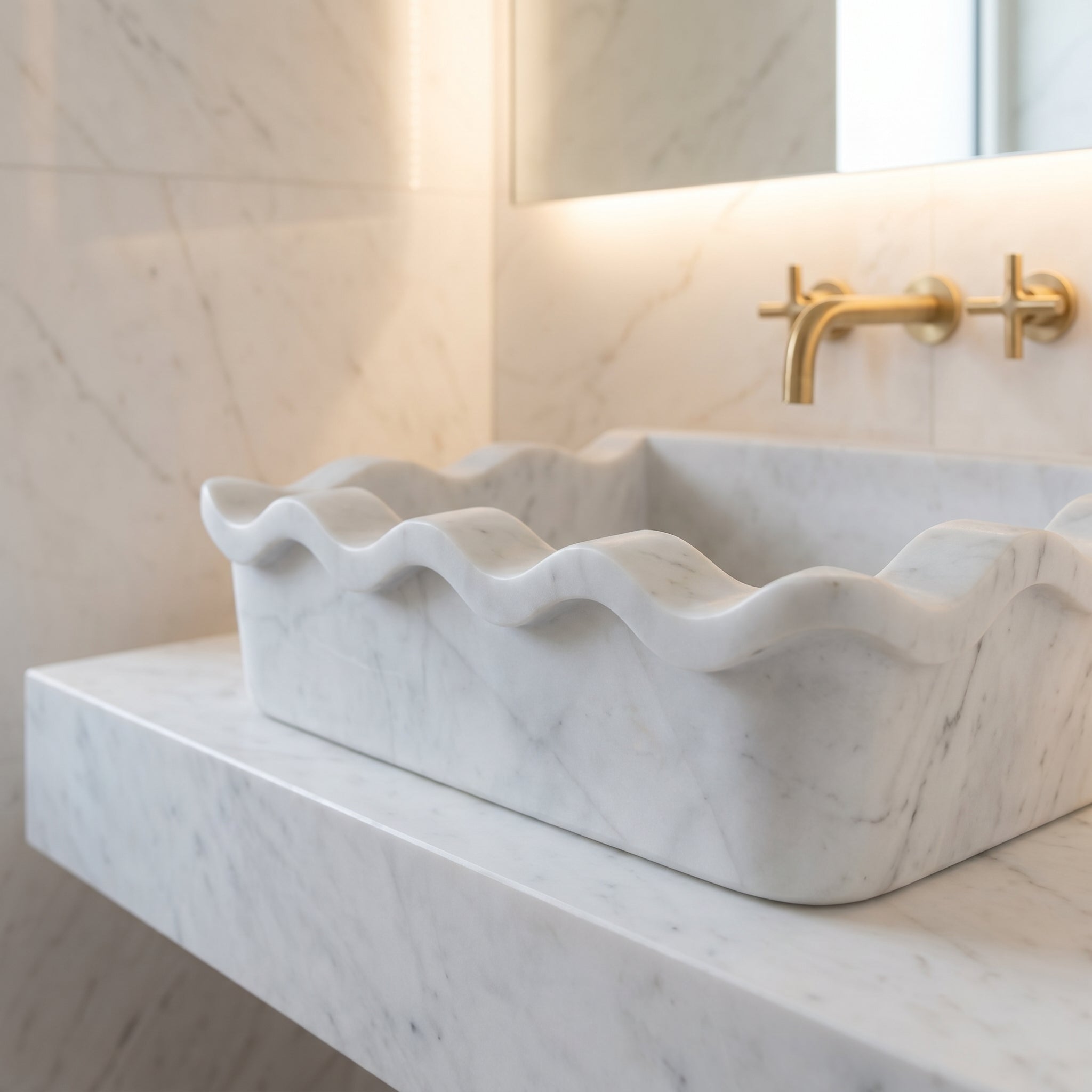Carrara White Marble Rectangular Wall-mount Wavy Edges Bathroom Sink (W)16" (L)24" (H)6"