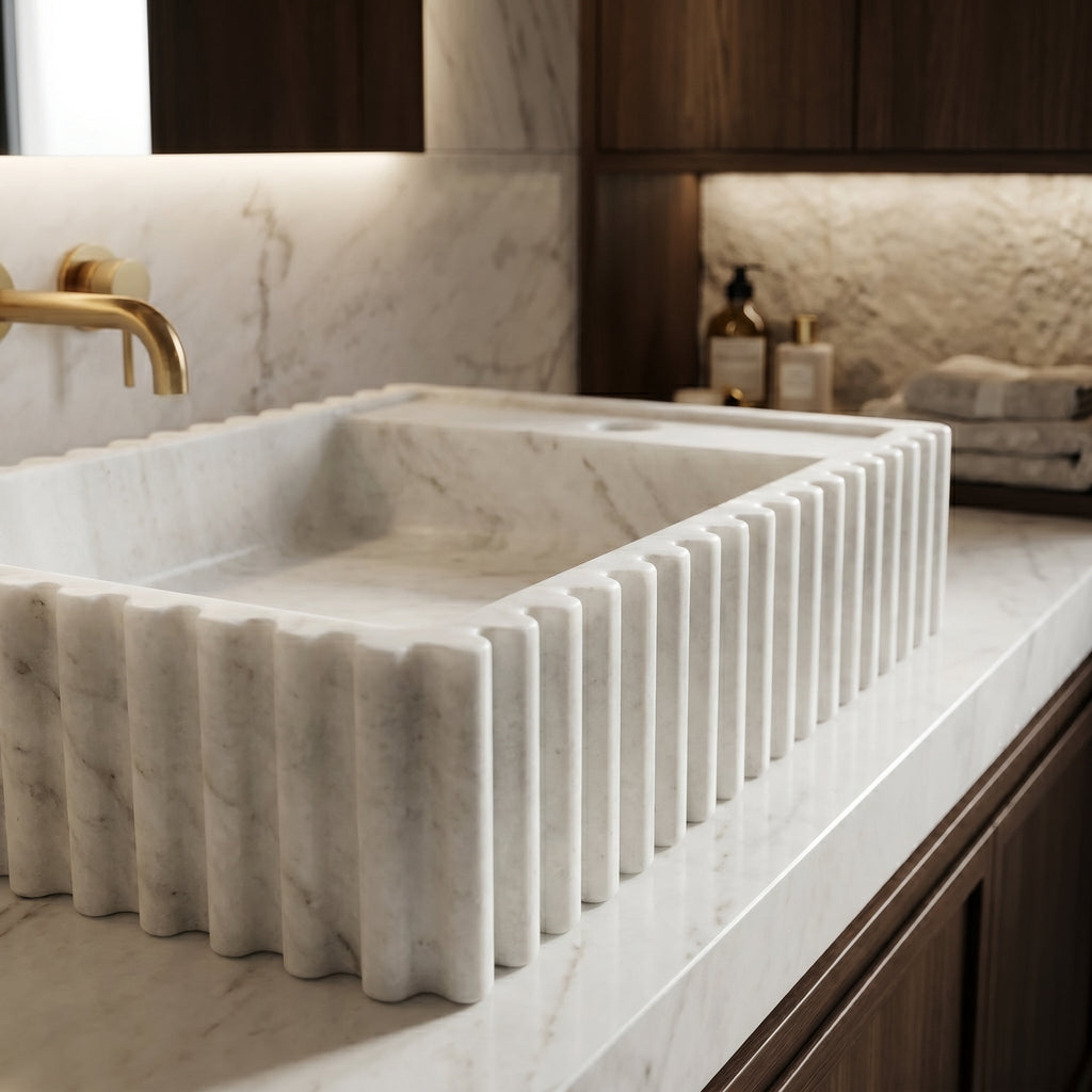 Carrara White Marble Wall-mount Bathroom Vanity Sink Fluted/Reeded (W)12" (L)20" (H)4"