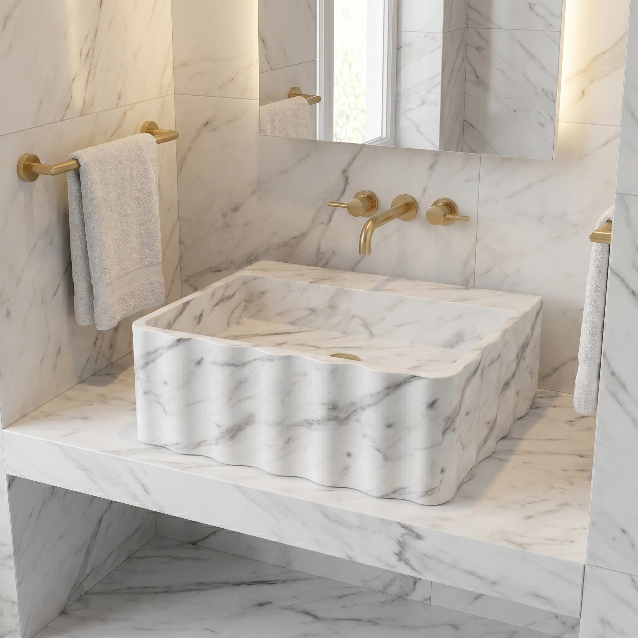 Carrara White Marble Handcrafted Wall-mount Luxury Bathroom Sink Fluted Front (W)16" (L)28" (H)10"
