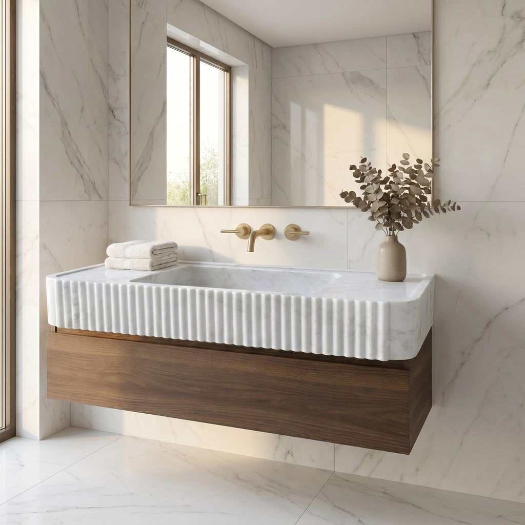 Carrara White Marble Wall-mount Bathroom Vanity Sink Fluted (W)16" (L)40" (H)6"