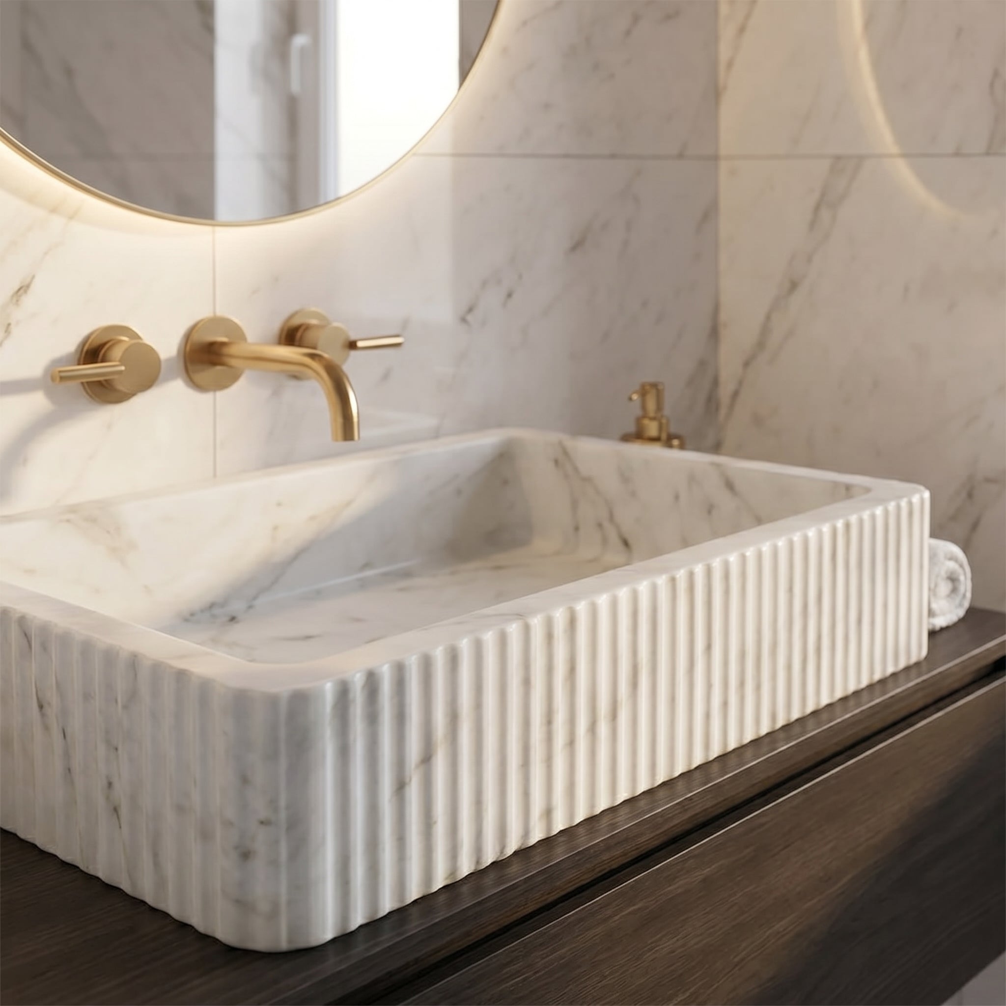 Carrara White Marble Wall-mount Bathroom Sink Ribbed Textured (W)16" (W)24" (H)6"
