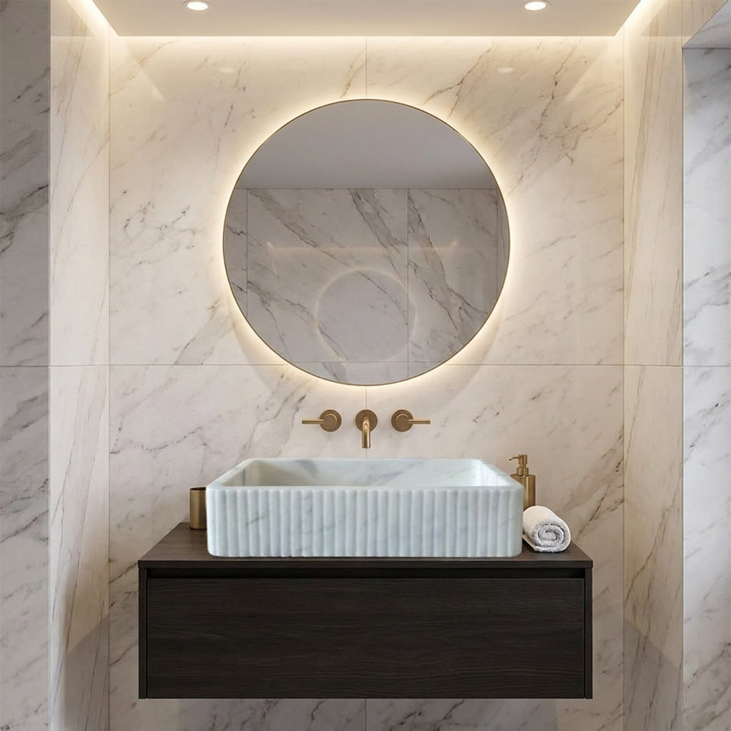 Carrara White Marble Wall-mount Bathroom Sink Ribbed Textured (W)16" (W)24" (H)6"