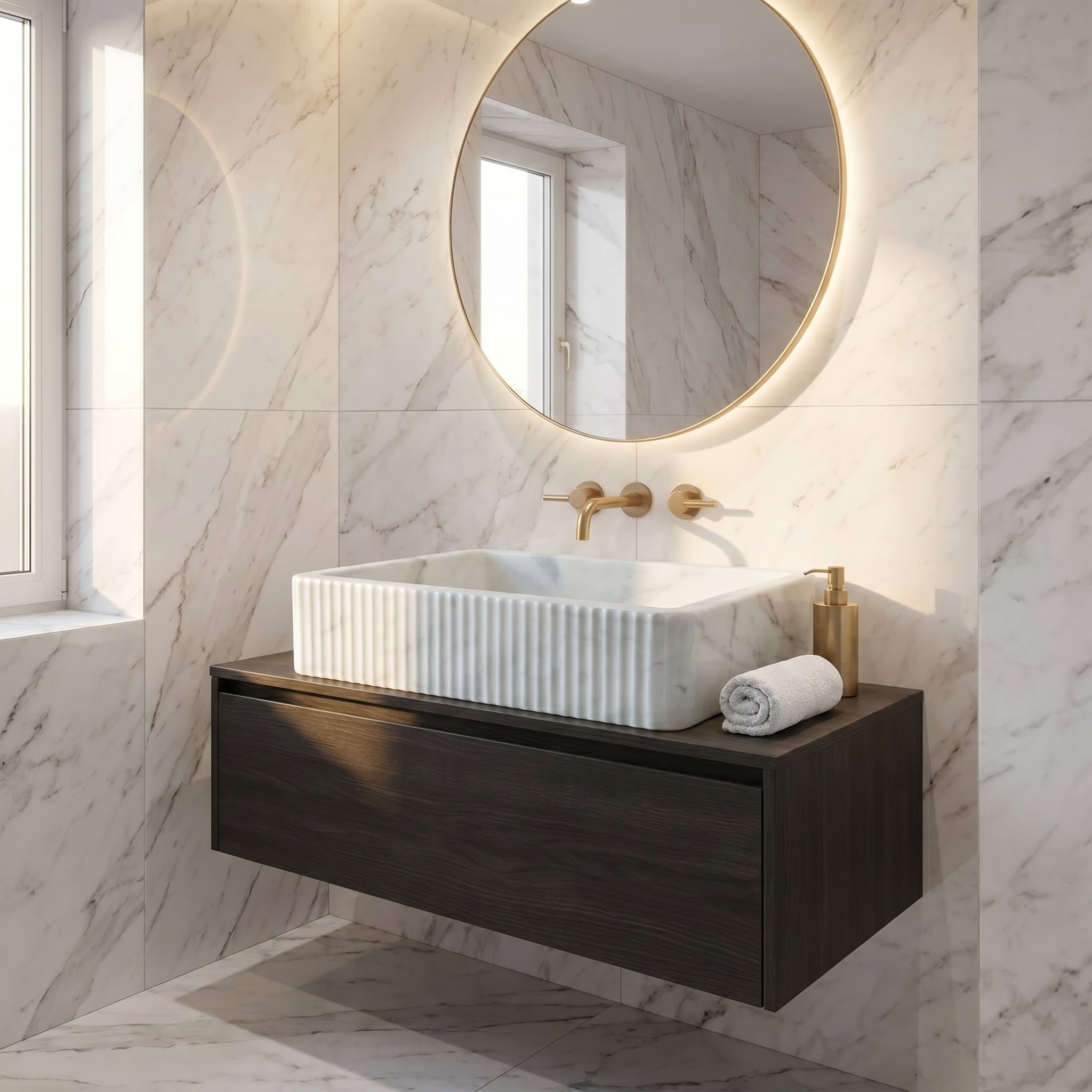 Carrara White Marble Wall-mount Bathroom Sink Ribbed Textured (W)16" (W)24" (H)6"