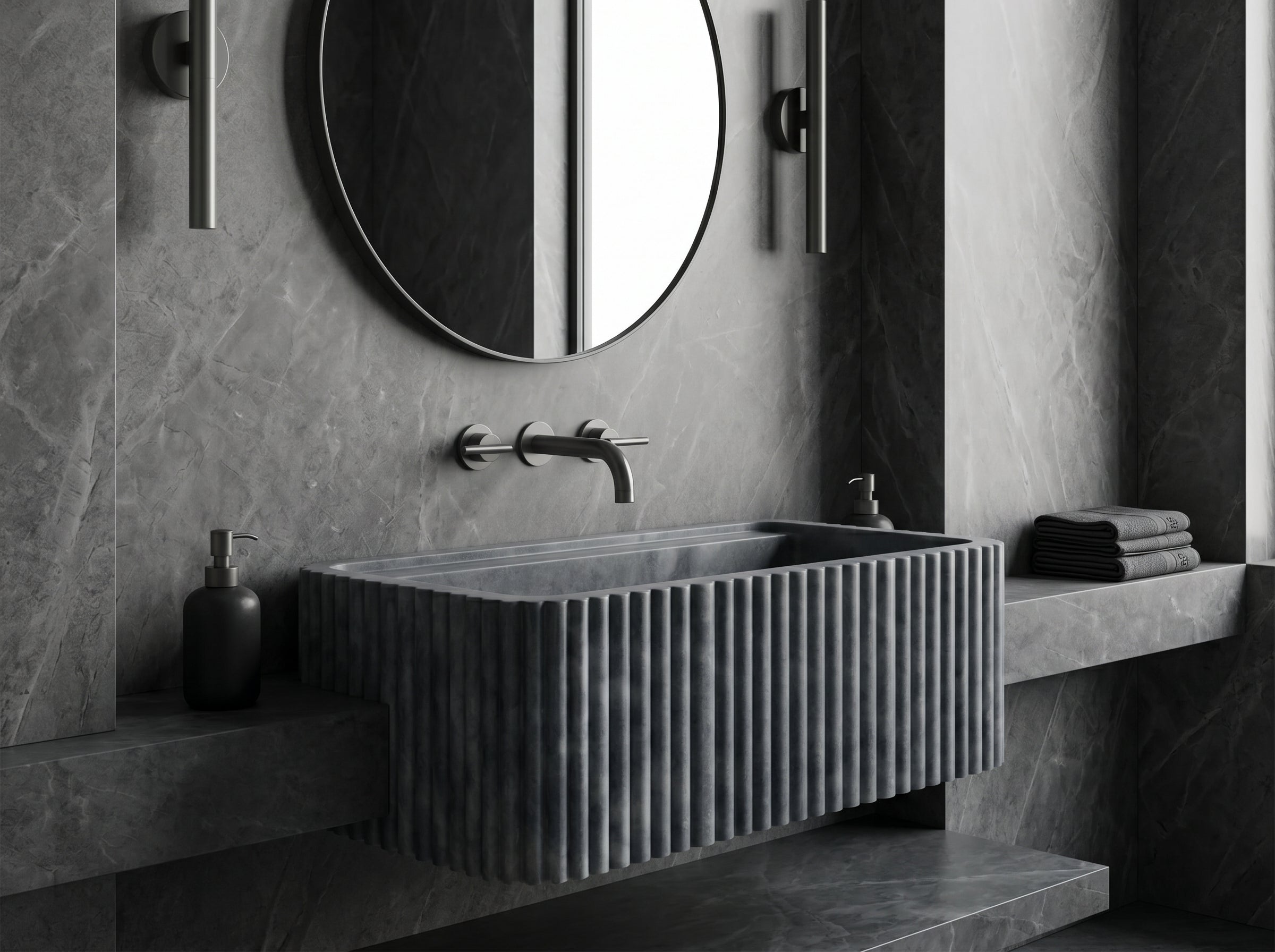 Bluestone Marble Rectangular Wall-mount Bathroom Sink Fluted (W)16" (L)24" (H)12"