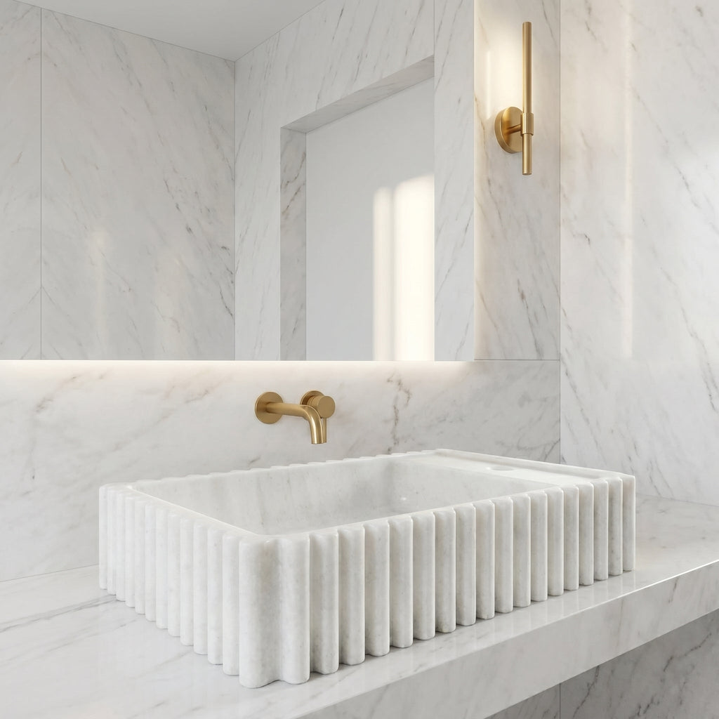Carrara White Marble Wall-mount Bathroom Vanity Sink Fluted/Reeded (W)12" (L)20" (H)4"