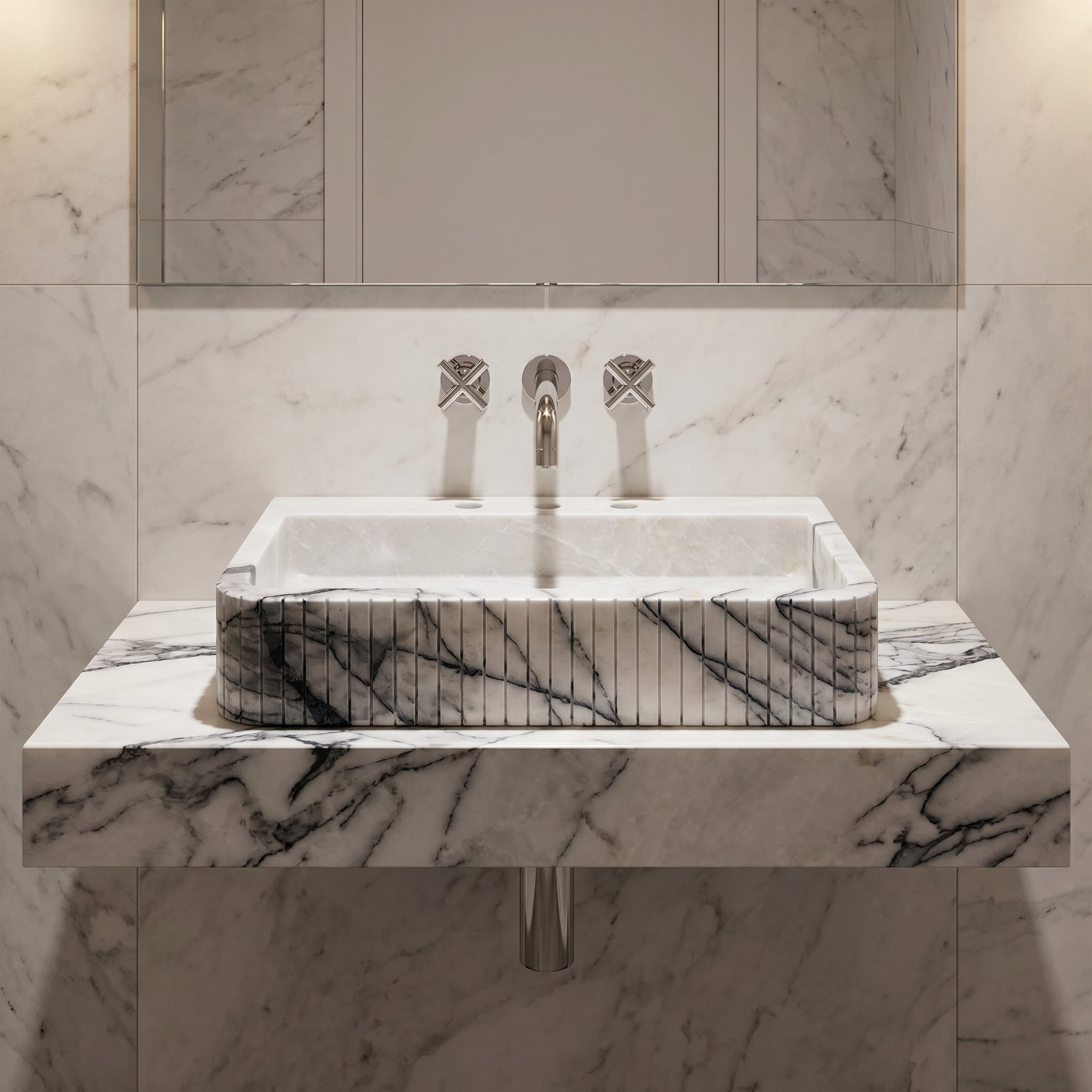 New York Marble Wall-mount Bathroom Sink Fluted Front and Edges (W)16" (L)28" (H)5"