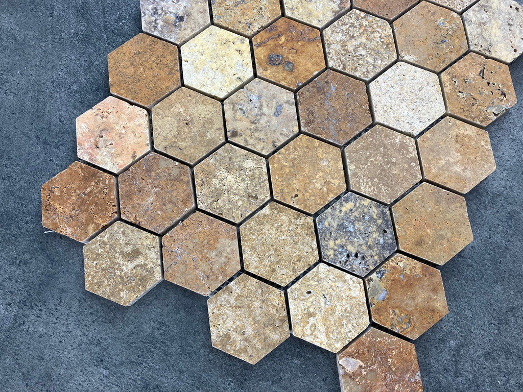 Scabos Travertine 2" Hexagon on 12" x 12" Mesh Mosaic Tile