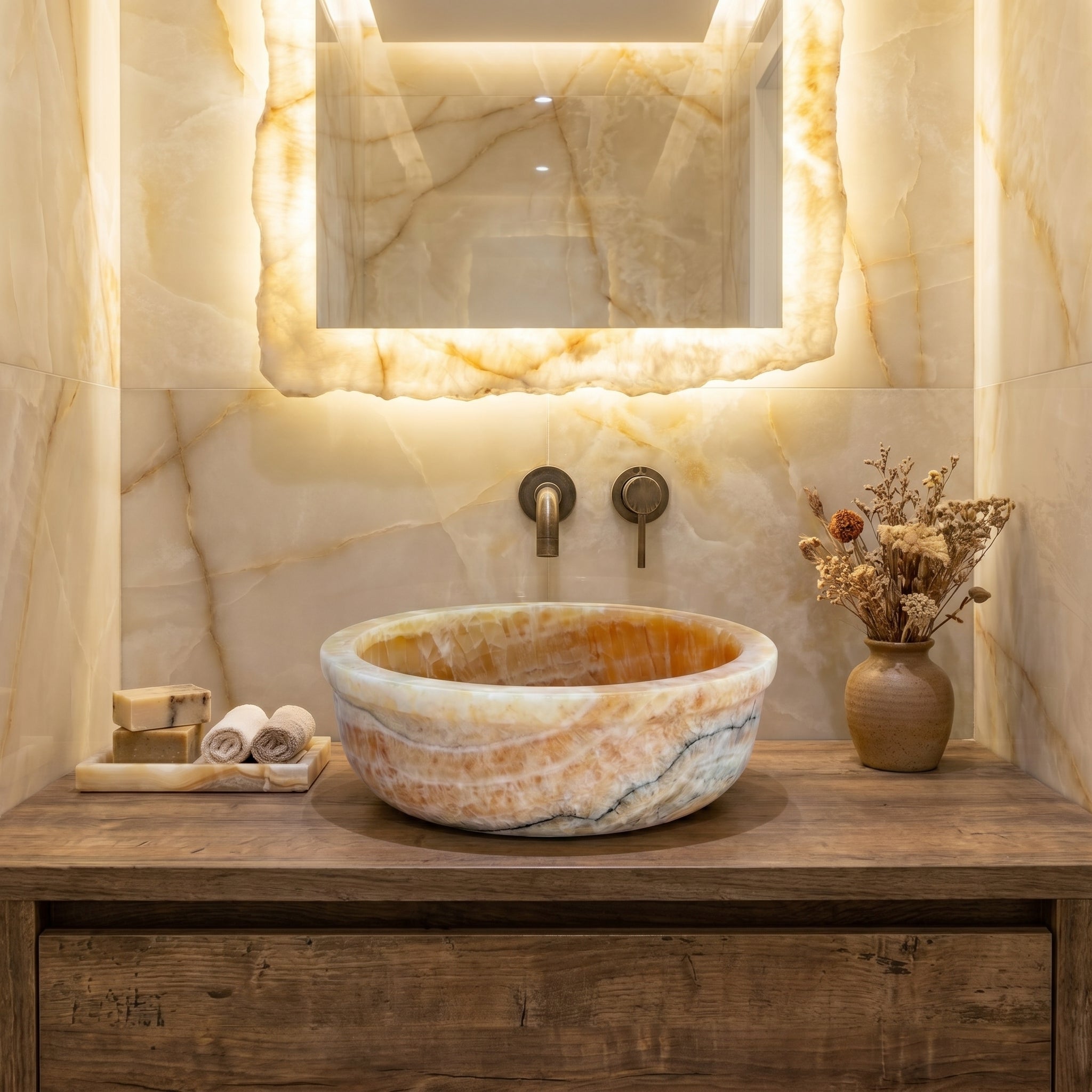 Natural Stone Honey Onyx Drop-in Vessel Sink Polished (D)16" (H)6"