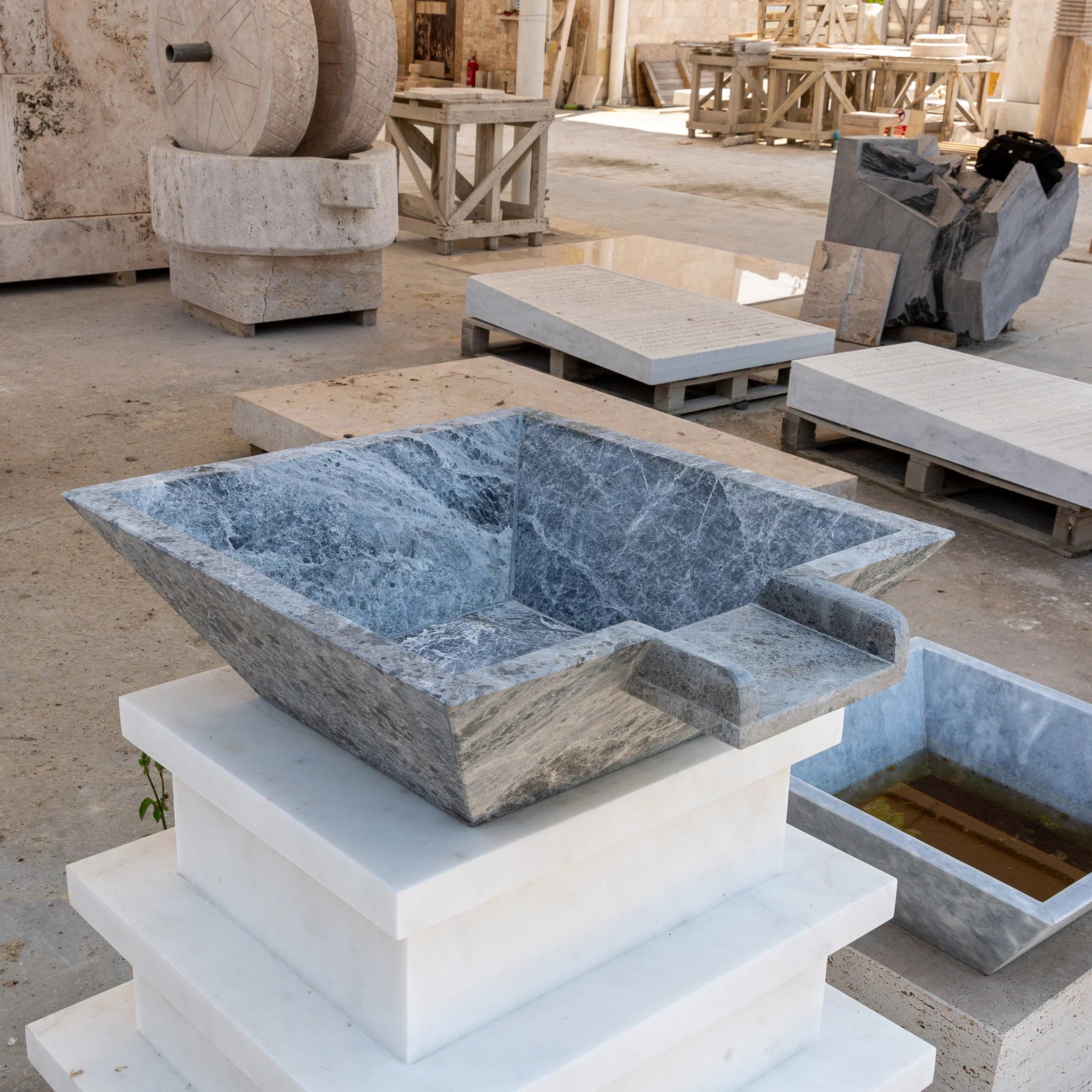 Silver Shadow Marble Natural Stone Pool Square Cascade Water Bowl