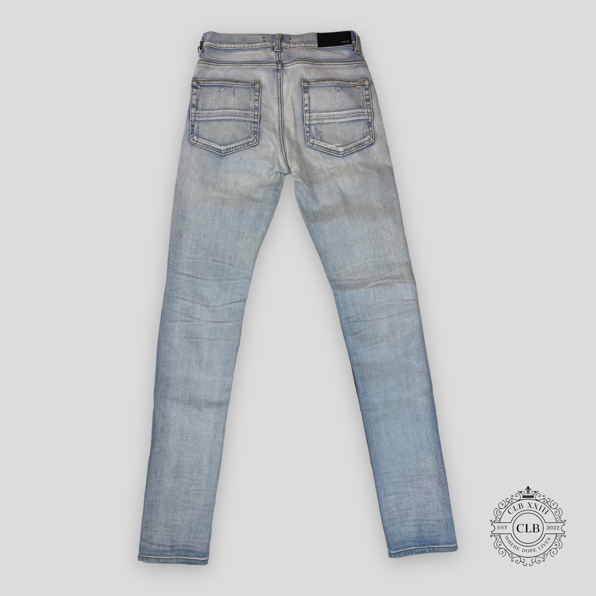 AMIRI PLAID THRASHER JEANS - LIGHT INDIGO/PEACH