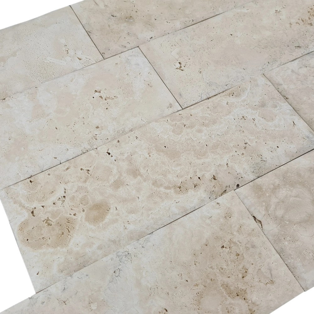Ivory Light Travertine Wavy Honed-Pillowed edge Floor and Wall Tile 4"x12"