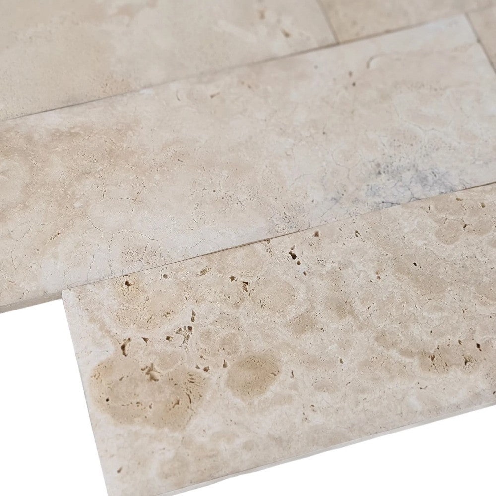 Ivory Light Travertine Wavy Honed-Pillowed edge Floor and Wall Tile 4"x12"